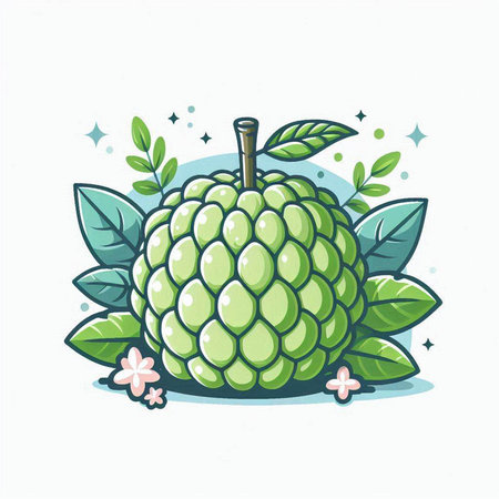 Custard apple fruit with leaves and flowers. Vector illustration.のイラスト素材