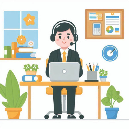 Vector illustration of a customer service agent sitting at his desk in front of a laptop.のイラスト素材
