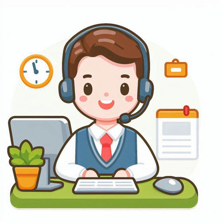 Businessman with headset and computer in the office. Vector illustration.のイラスト素材