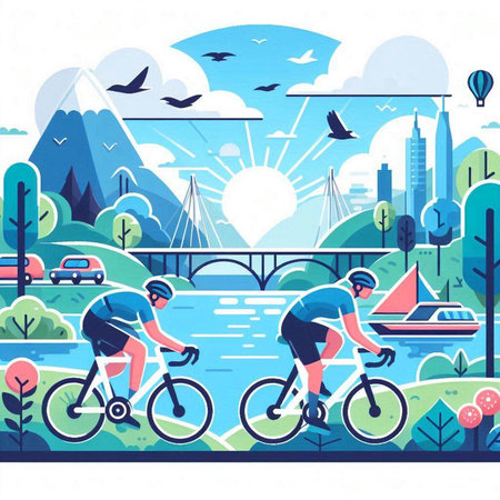 Cyclists riding bicycles in the city, flat vector illustration.のイラスト素材