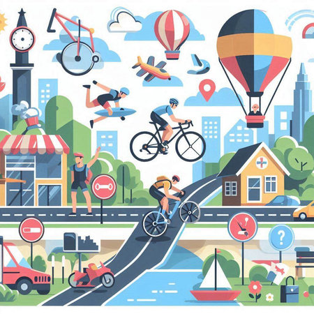 Bicyclist riding bicycle on road in city vector illustration.のイラスト素材