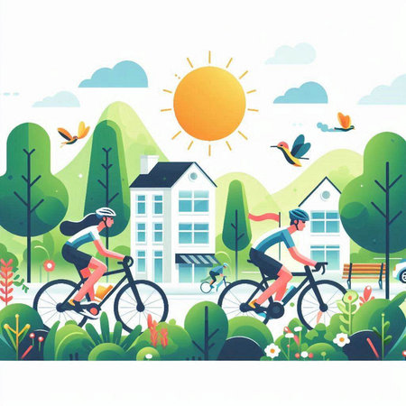 Couple riding bicycles in the park. Vector illustration in flat styleのイラスト素材