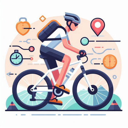 Cyclist flat vector illustration. Cyclist riding bicycle on road.のイラスト素材