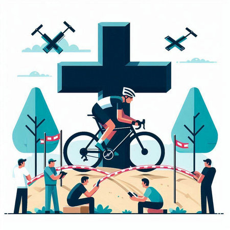 Cyclists and cyclists on road with cross. Flat vector illustration.のイラスト素材