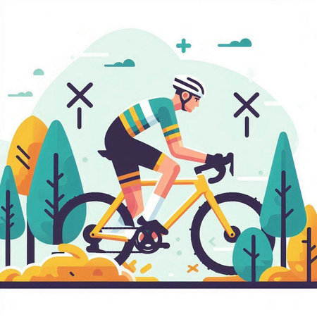 Cyclist in helmet riding bicycle in the forest. Flat vector illustration.のイラスト素材