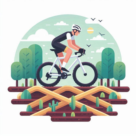 Cyclist riding on mountain bike in forest flat vector illustration.のイラスト素材