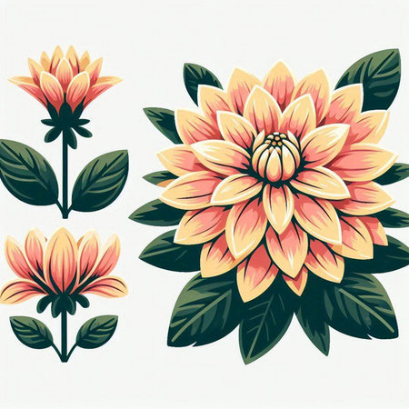 Dahlia flowers and leaves in retro style. Vector illustration.のイラスト素材