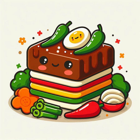 Kawaii vector illustration of a cake with vegetables and eggs.のイラスト素材