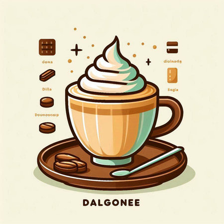 Dalgona coffee with whipped cream and coffee beans. Vector illustration.のイラスト素材