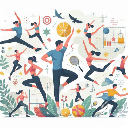 Set of people doing sport exercises. Vector illustration in flat style.のイラスト素材