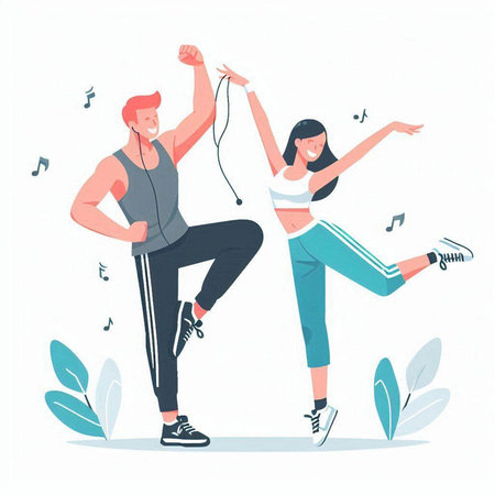 Young man and woman dancing and listening to music. Flat vector illustration.のイラスト素材