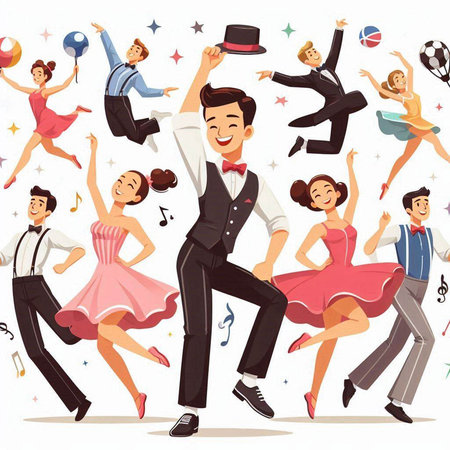 Dancing men and women in flat style. Cartoon vector illustration.のイラスト素材