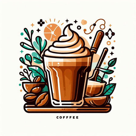 Coffee latte with whipped cream and coffee beans. Vector illustration.のイラスト素材