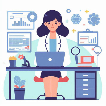 Female doctor sitting at desk in front of laptop and looking at camera. Flat vector illustration.のイラスト素材
