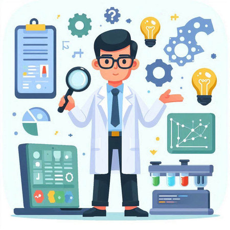 Scientist man with magnifying glass in laboratory. Vector illustration.のイラスト素材