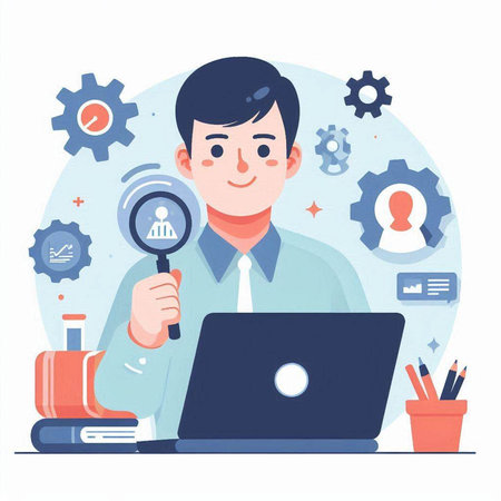 Man with magnifying glass and laptop. Search for job. Vector illustrationのイラスト素材