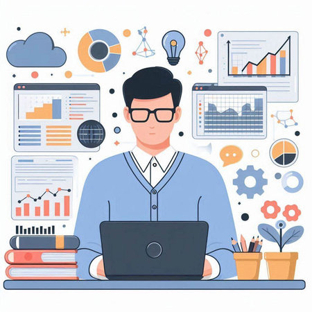 Businessman working with laptop in office. Vector illustration in flat styleのイラスト素材