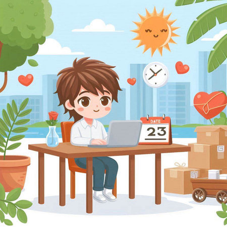 Cute boy using laptop on the table in the garden. Vector illustration.のイラスト素材