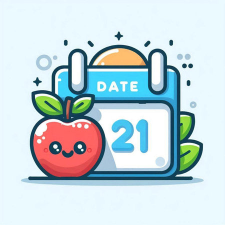 Calendar icon with cute kawaii apple. Vector illustration.のイラスト素材