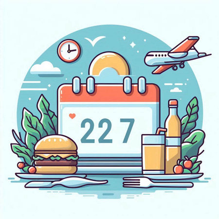 Vector illustration of fast food concept. Food and drinks in flat line style.のイラスト素材