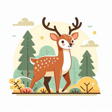 Deer in the forest. Cute cartoon vector illustration. Flat style.のイラスト素材