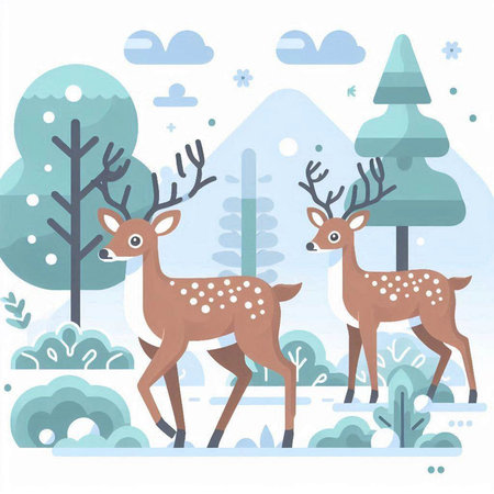 Deer family in the forest. Cute vector illustration in flat styleのイラスト素材