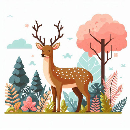 Cute cartoon deer in the forest. Vector illustration on white background.のイラスト素材