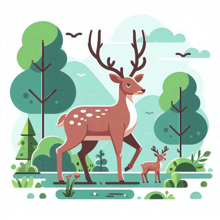 Deer on the background of the forest. Flat vector illustration.のイラスト素材