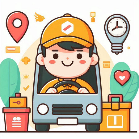 Cute boy driving a car. Vector illustration in flat style.のイラスト素材