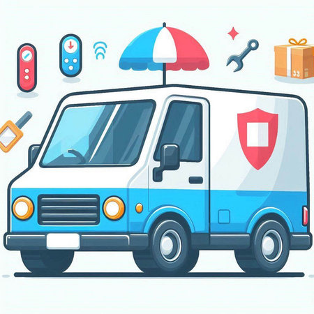 Illustration of a Blue Delivery Van on a White Background with Iconsのイラスト素材