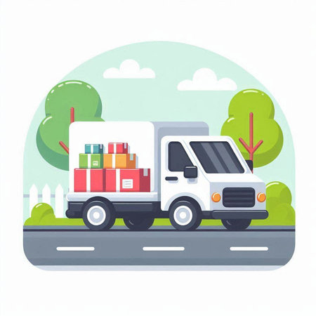 Delivery truck with boxes on the road. Flat style vector illustration.のイラスト素材