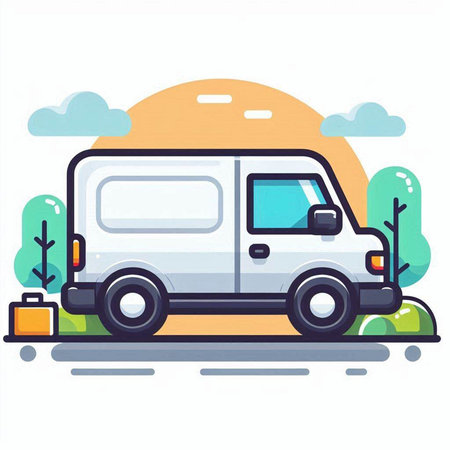Vector illustration of a van on the road. Flat style design.のイラスト素材