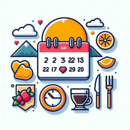 Calendar with icons of food and drinks. Vector illustration in flat styleのイラスト素材