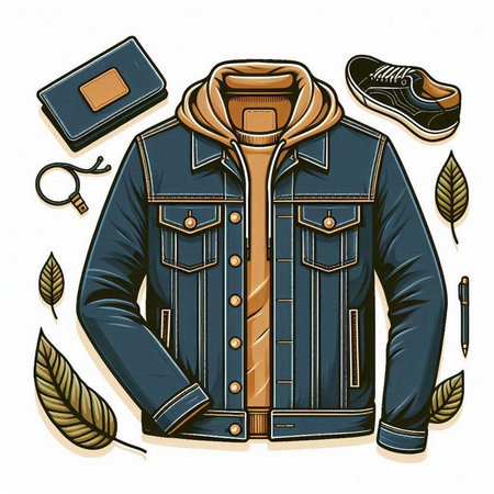Stylish men's jacket and accessories. Vector hand drawn illustration.のイラスト素材
