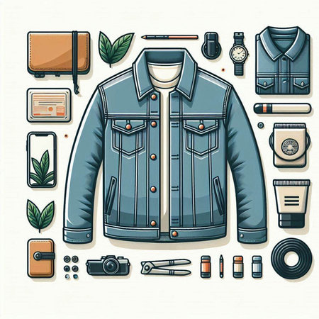 Vector illustration of a men's jacket with a set of clothes and accessoriesのイラスト素材