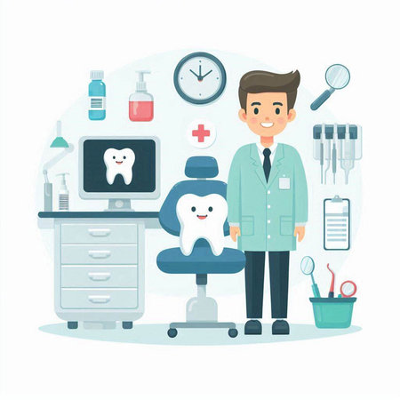 Dentist and dental office. Vector illustration in cartoon style.のイラスト素材