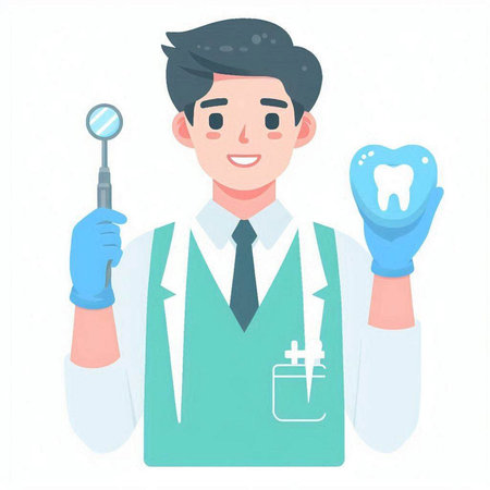 Dentist holding a dental mirror and a tooth. Vector illustration.のイラスト素材