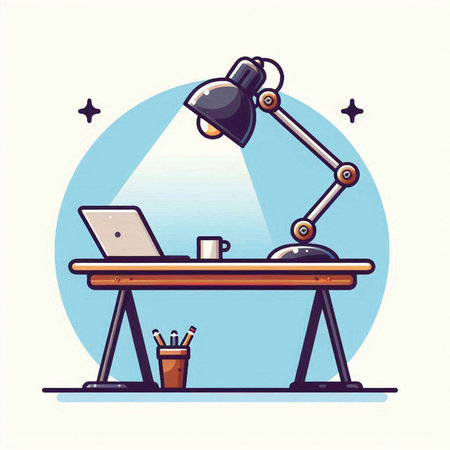 Desk with laptop and lamp. Vector illustration in flat cartoon style.のイラスト素材