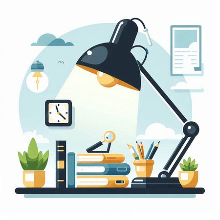 Office workplace with desk lamp and books. Vector illustration in flat styleのイラスト素材