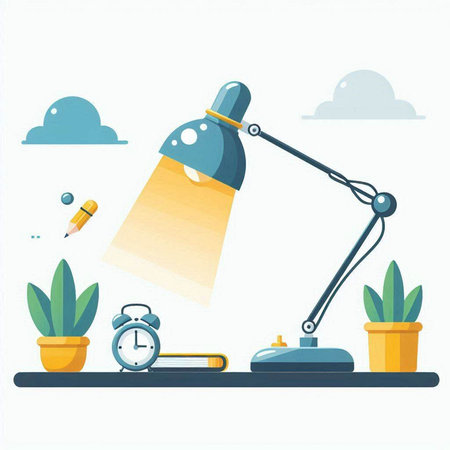 Flat design vector illustration of office desk with lamp, alarm clock, plant and pencils.のイラスト素材