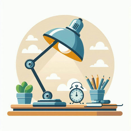 Flat design vector illustration concept of workplace with table lamp, pencils, clock and alarm clock.のイラスト素材
