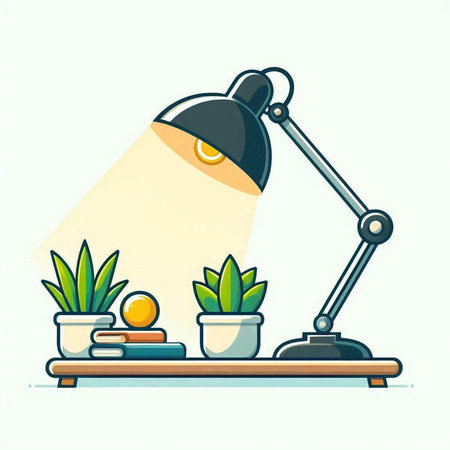 Illustration of a desk lamp with books and plants. Vector illustration.のイラスト素材