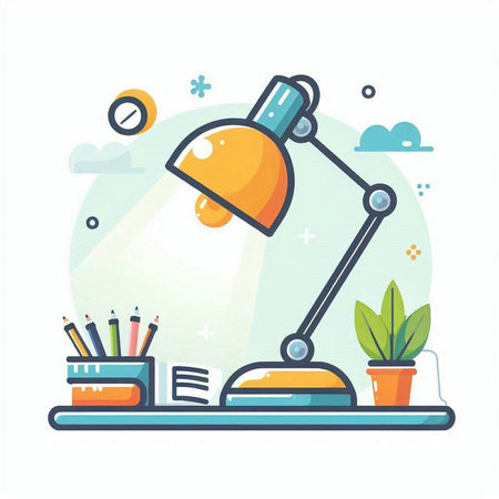 Flat design vector illustration concept of home office workplace with desk lamp, stack of books, coffee cup, plant and other items.のイラスト素材