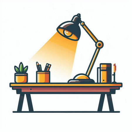 desk lamp and stationery in flat style. vector illustration.のイラスト素材