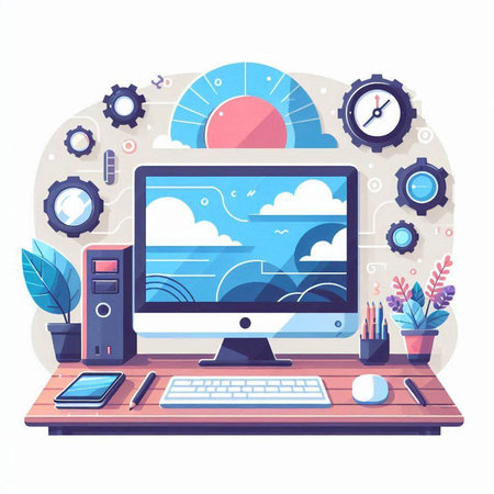Computer monitor, keyboard and mouse on table. Modern flat design vector illustrationのイラスト素材