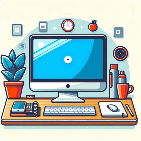 Workplace with computer and stationery. Vector illustration in flat styleのイラスト素材