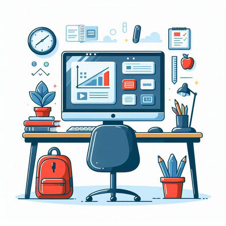 Workplace with computer, stationery and stationery. Vector illustrationのイラスト素材