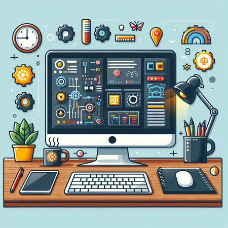 Flat design modern vector illustration concept of creative designer workspace with computer.のイラスト素材