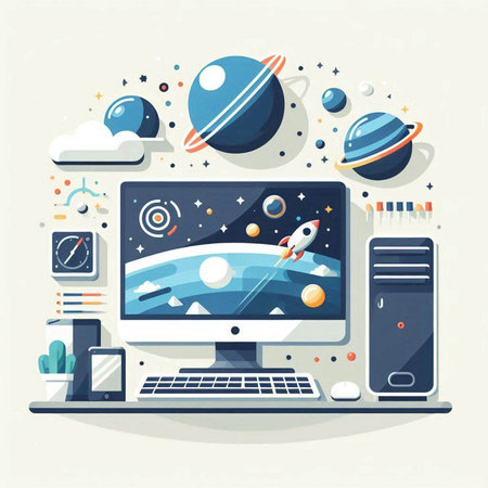 Modern flat design vector illustration concept of cloud computing and space exploration.のイラスト素材