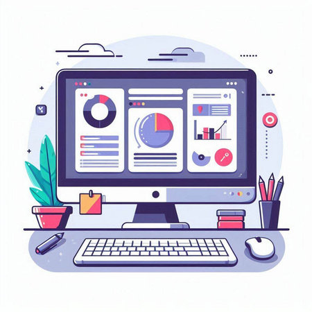 Vector illustration in trendy flat style. Workplace with computer, keyboard and office supplies.のイラスト素材